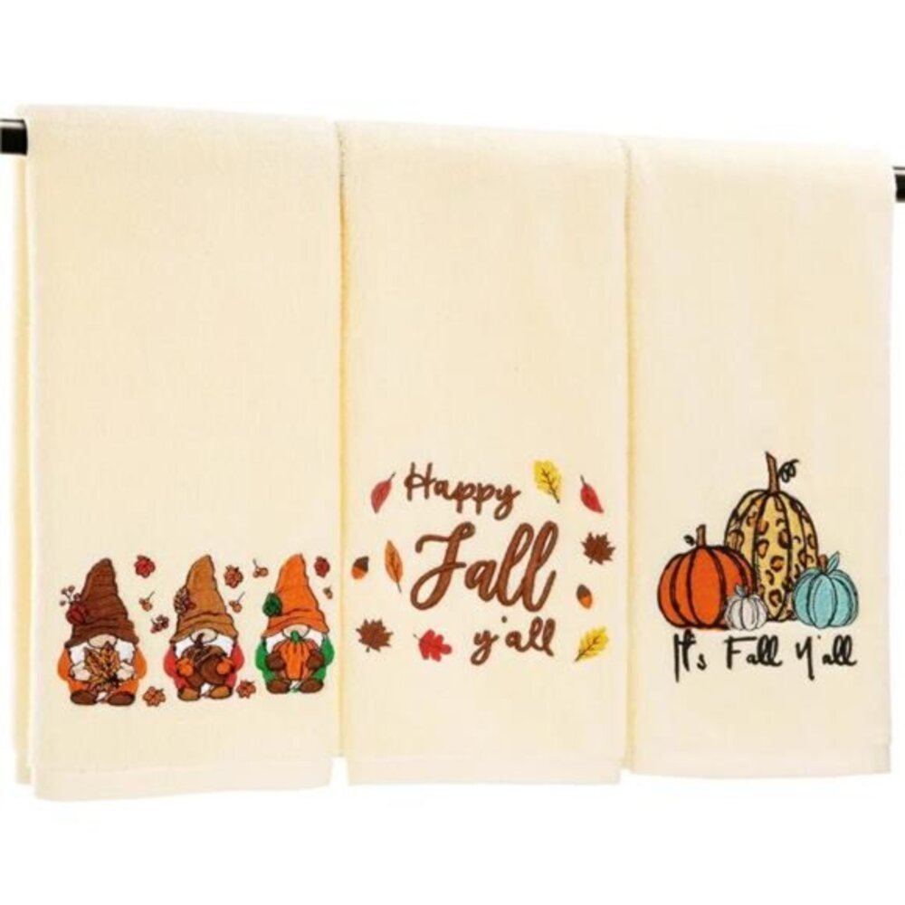 3 Pack Happy Fall Hand Towels Autumn Gnomes Pumpkin Thanksgiving Embroidered‎
